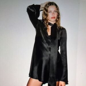 ZARA NWT Black Satin Effect Tie-Neck Mini Dress